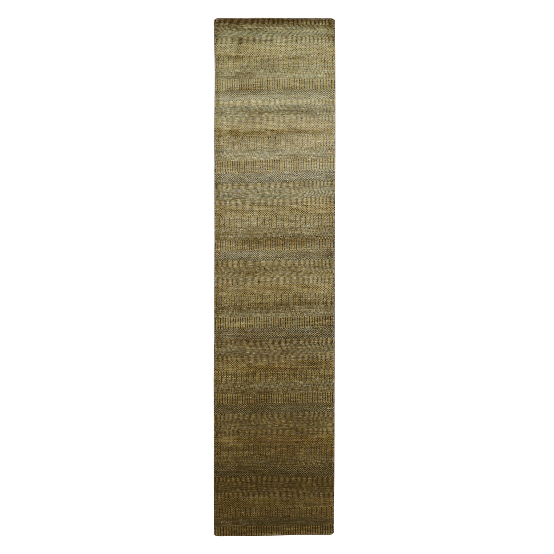Golden Brown, Modern Grass Design, Hand Knotted, Denser Weave, Wool and Silk, Soft to the Touch, Runner, Oriental Rug